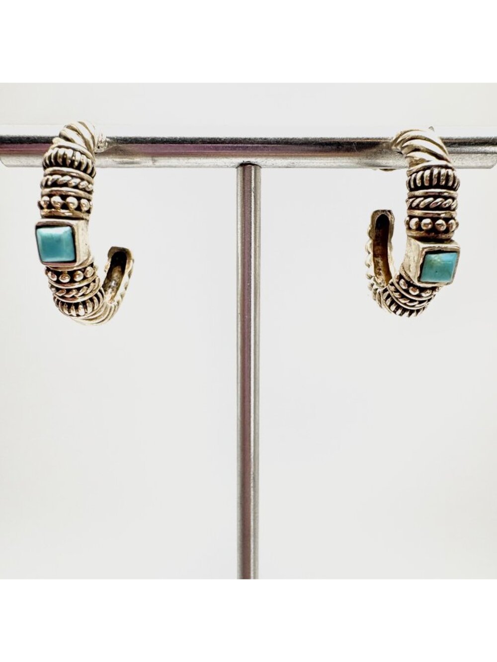 Turquoise & Sterling Silver 925 Half Hoop Earrings Size 1" Length